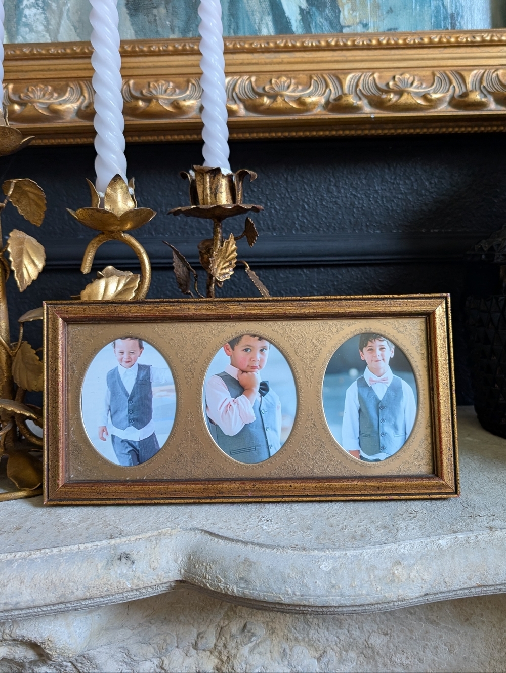 Vintage Golf Wood triple Oval Wallet Size Photo Table Wall frame, Ornate Metal